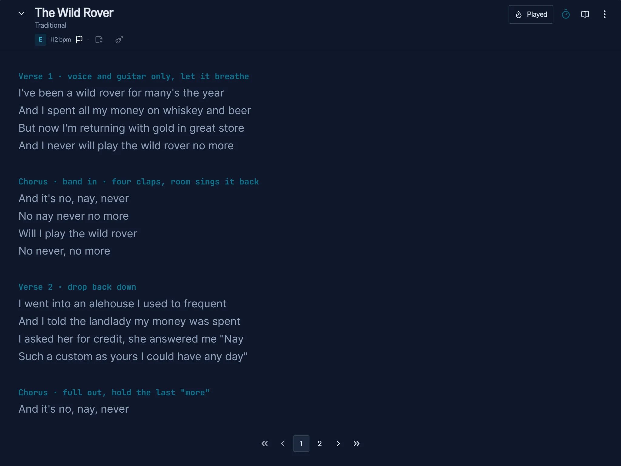 Rawkon song viewer on a tablet: The Wild Rover (Traditional) as lyrics only, with performance cues such as "Chorus · band in · four claps, room sings it back".