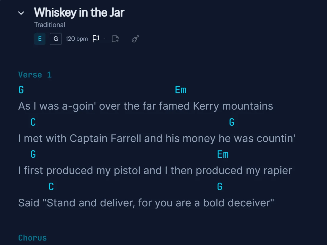 Close-up of the Rawkon song viewer: Whiskey in the Jar (Traditional), verse 1 with chords G, Em, C in cyan over the lyrics.