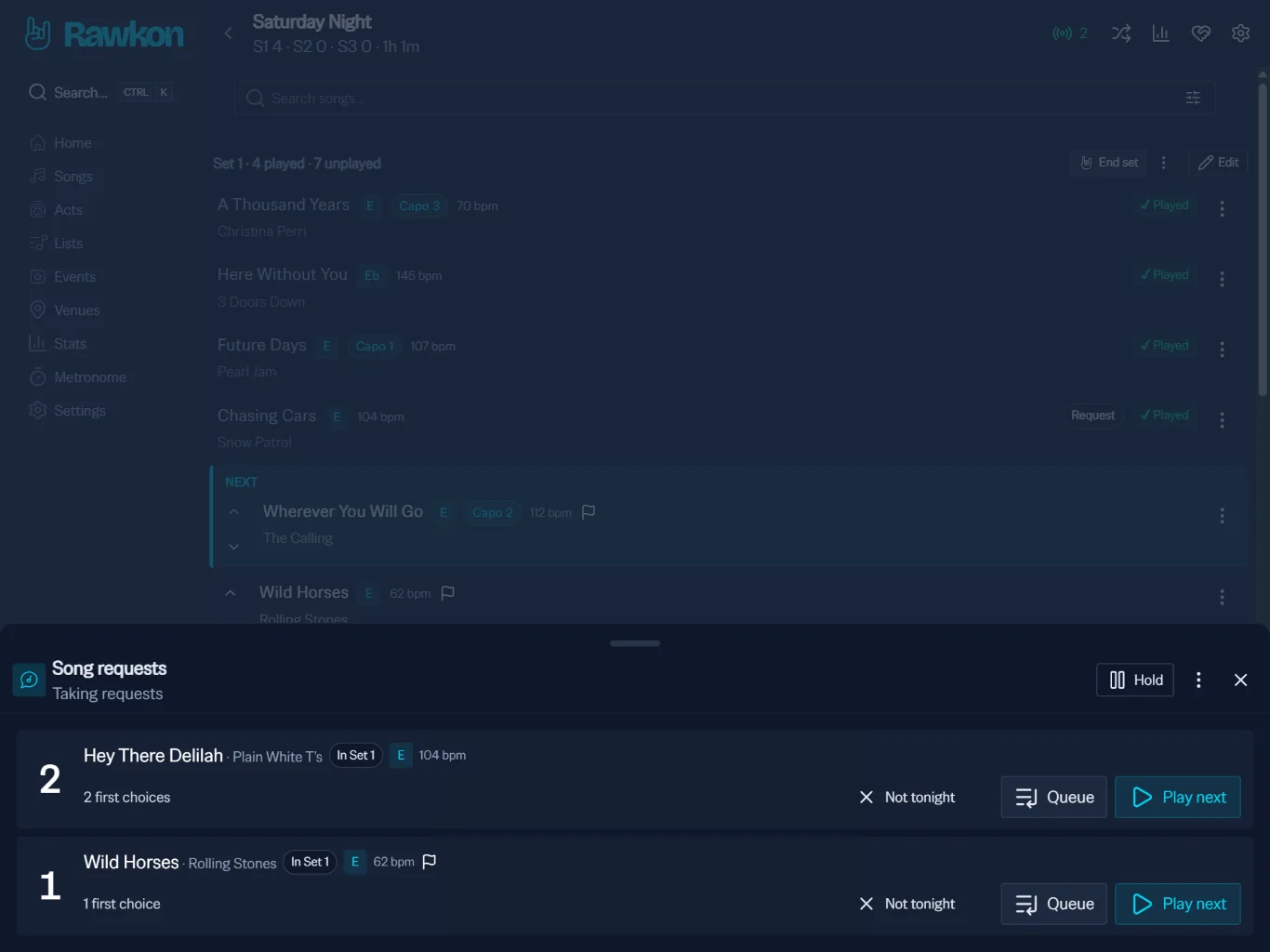 Rawkon song requests panel on a tablet later in the night: Hey There Delilah with 2 first choices and Wild Horses with 1, each with Not tonight, Queue and Play next.
